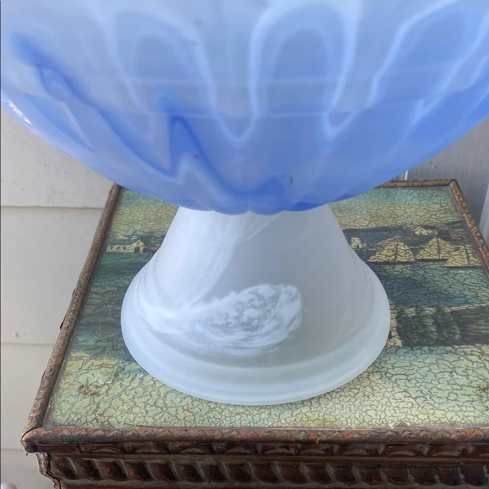 Blue and White Glass Pedestal Bowl - Decorative Centerpiece